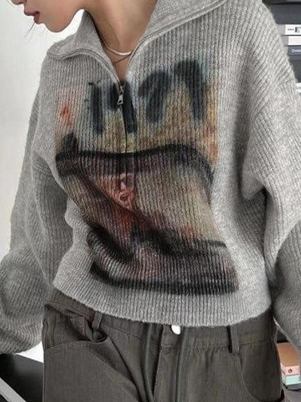 Vintage Print High Neck Zip Up Sweater Product Image