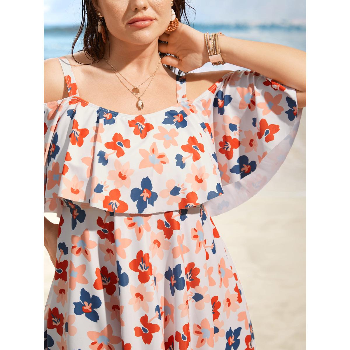 Plus Size Contrast Floral One Shoulder Neck Ruffles Swim Dress Women's Swimwear Beige Beach Bodycon One-shoulder neck High stretch Curve Swim Dresses BloomChic 18-20/2X Product Image