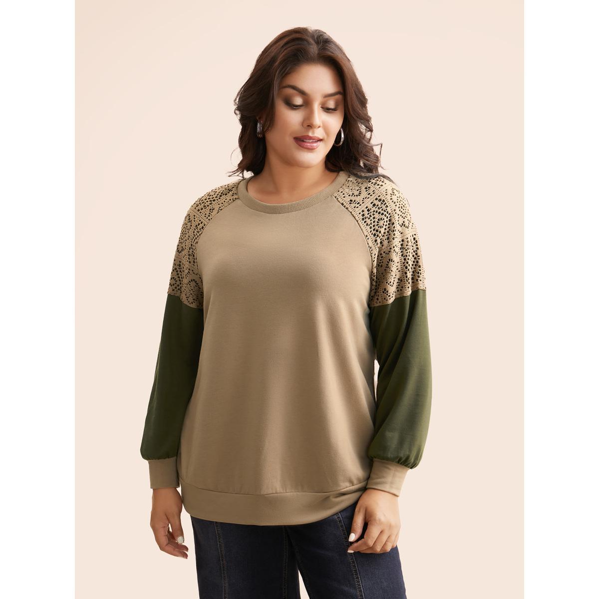 Plus Size Lace Patchwork Contrast Raglan Sleeve Sweatshirt Women Tan Casual Contrast Round Neck Everyday Sweatshirts BloomChic 12/L Product Image