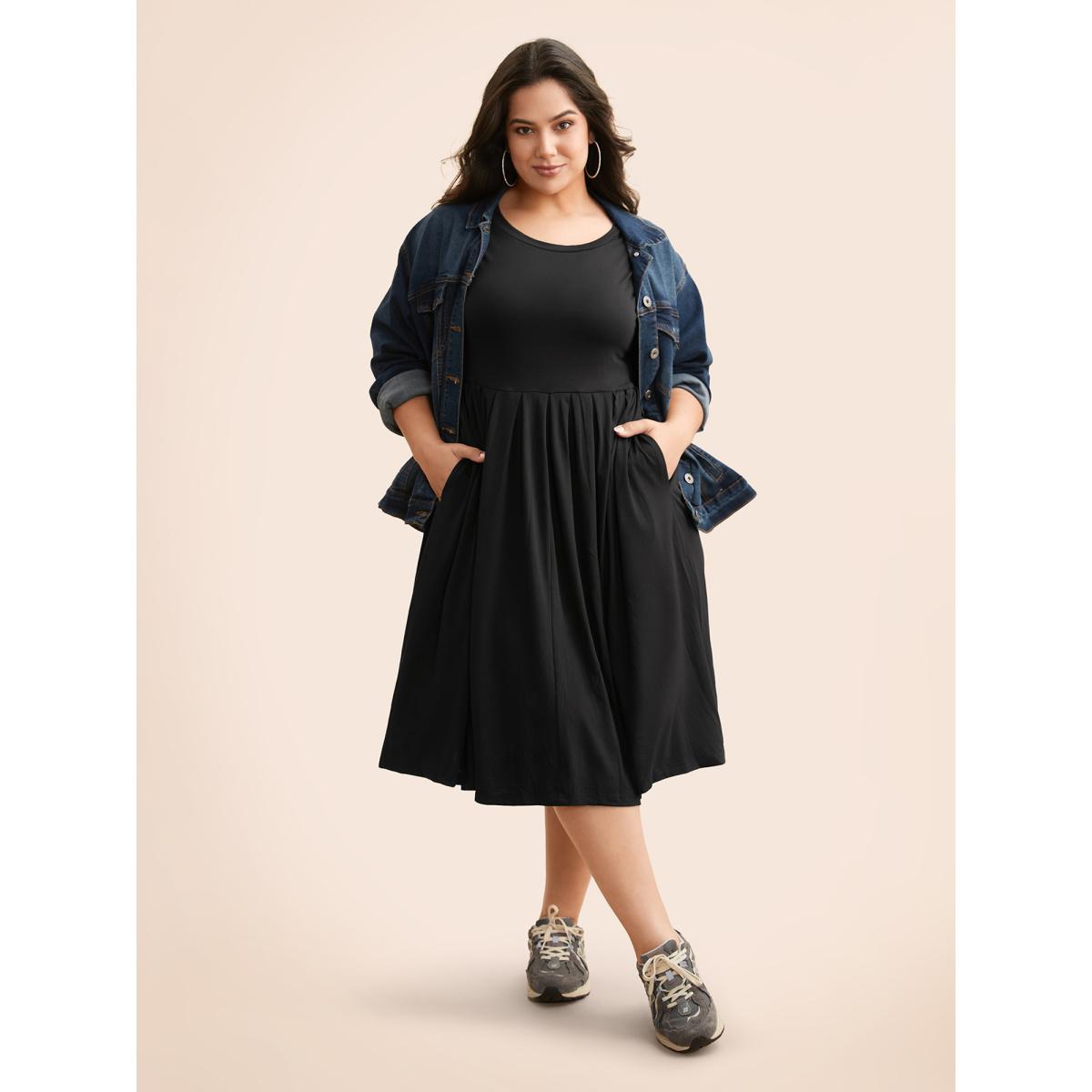 Plus Size Supersoft Essentials Solid Pleated Round Neck Midi Dress Black Women Casual Plain Round Neck Short sleeve Curvy Midi Dress BloomChic 18-20/2X Product Image