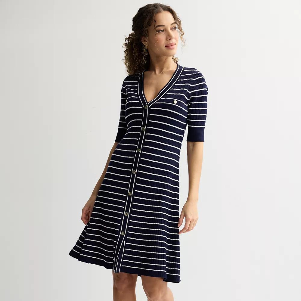 Women's Draper James Elbow Sleeve Button Front Dress, Size: Large, Navy White Stripe Product Image