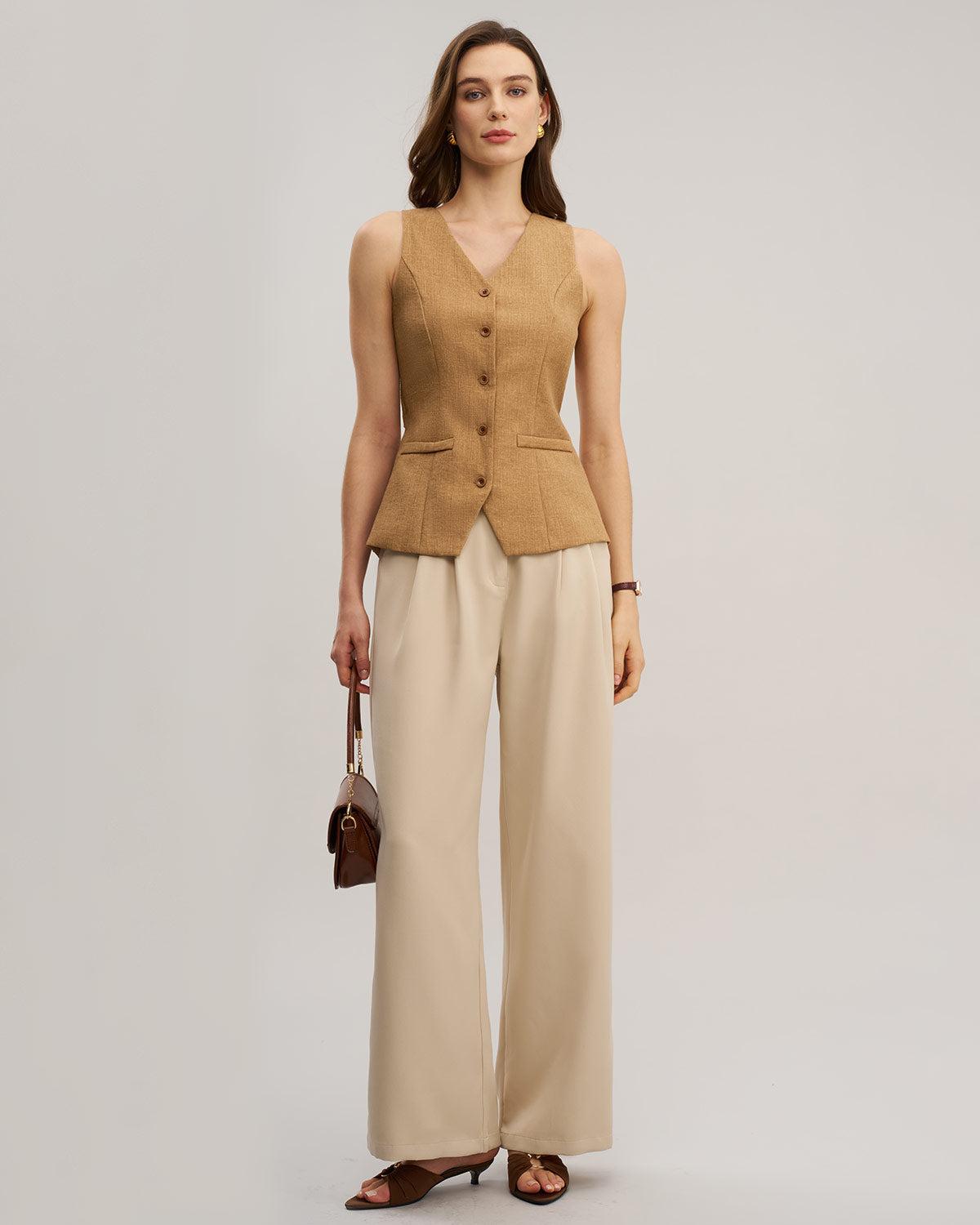 Khaki V Neck Cutout Button Vest Product Image