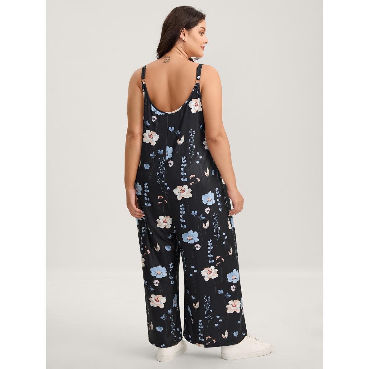 Plus Size Black Stretchy Lined Floral Print Cami Jumpsuit Women Leisure Sleeveless V-neck Casual Loose Jumpsuits BloomChic 26/4X Product Image