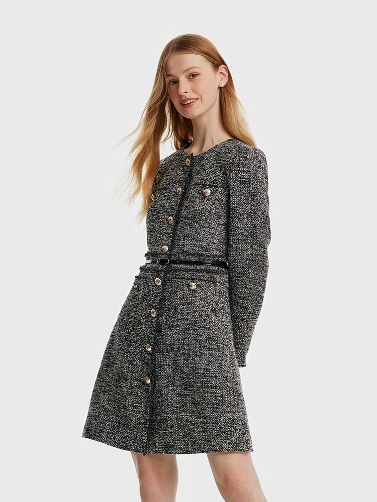 Round Neck Tweed Dress With Belt Product Image