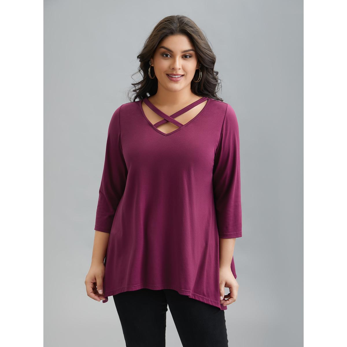 Plus Size Crossover Neck-Tie Flared T-Shirt RedViolet Women Casual Asymmetrical V-neck Loose Everyday T-shirts BloomChic 12/L Product Image