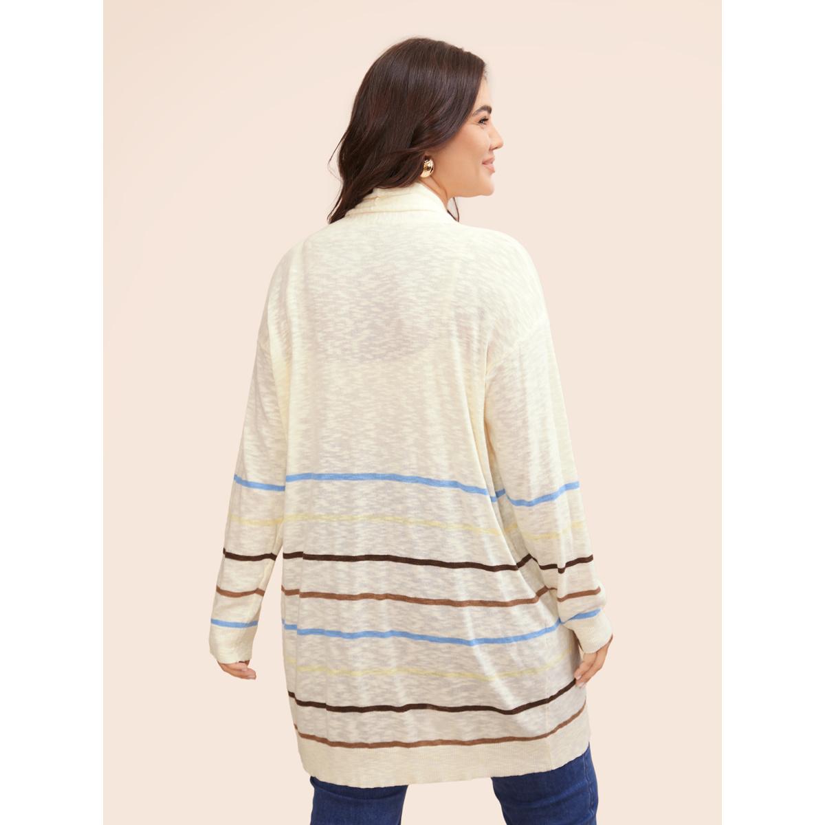 Plus Size Contrast Striped Pocket Open Front Cardigan Beige Women Casual Loose Three Quater Length Sleeve Everyday Cardigans BloomChic 14-16/1X Product Image
