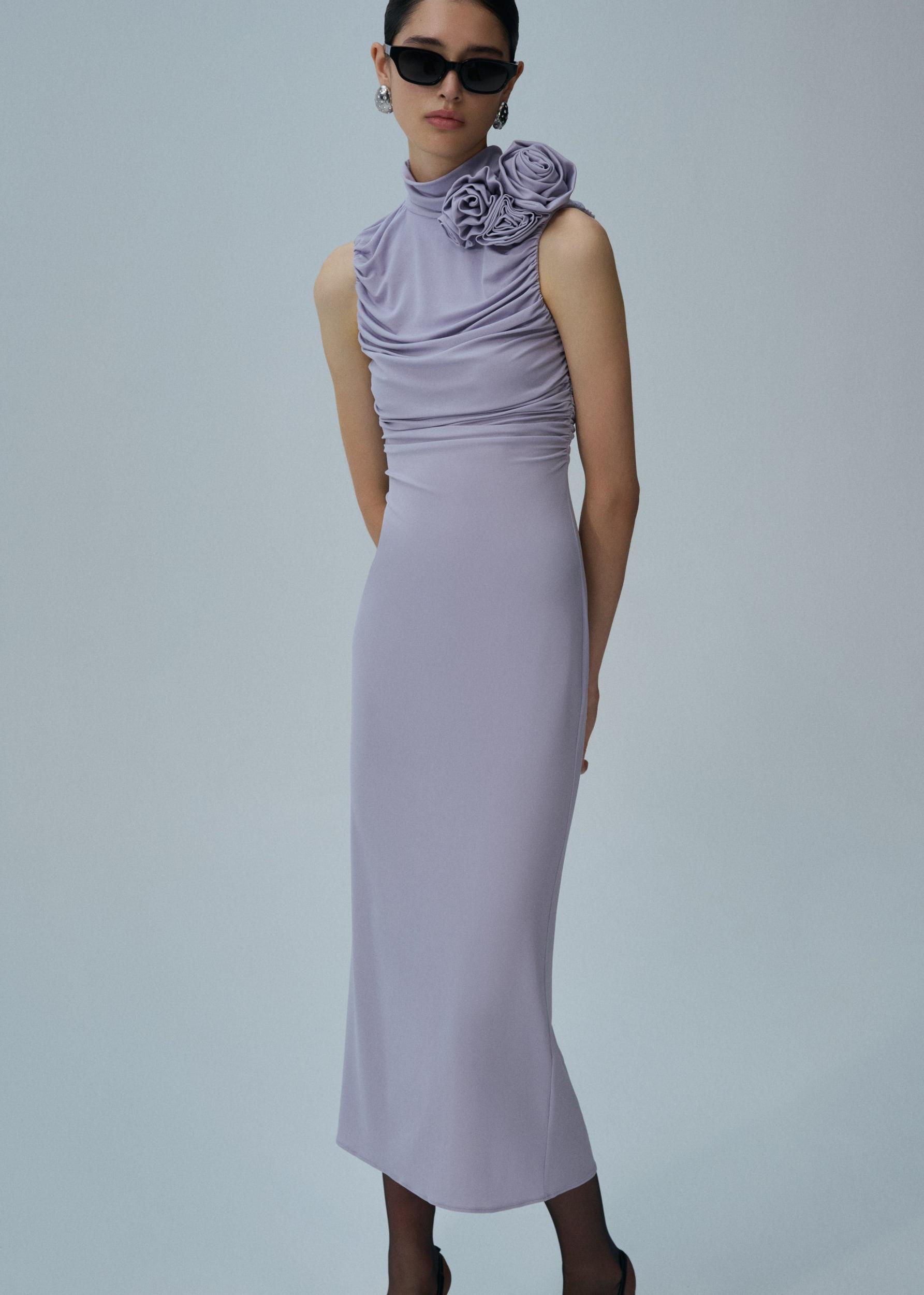 Ruched mock neck midi dress in lilac Product Image