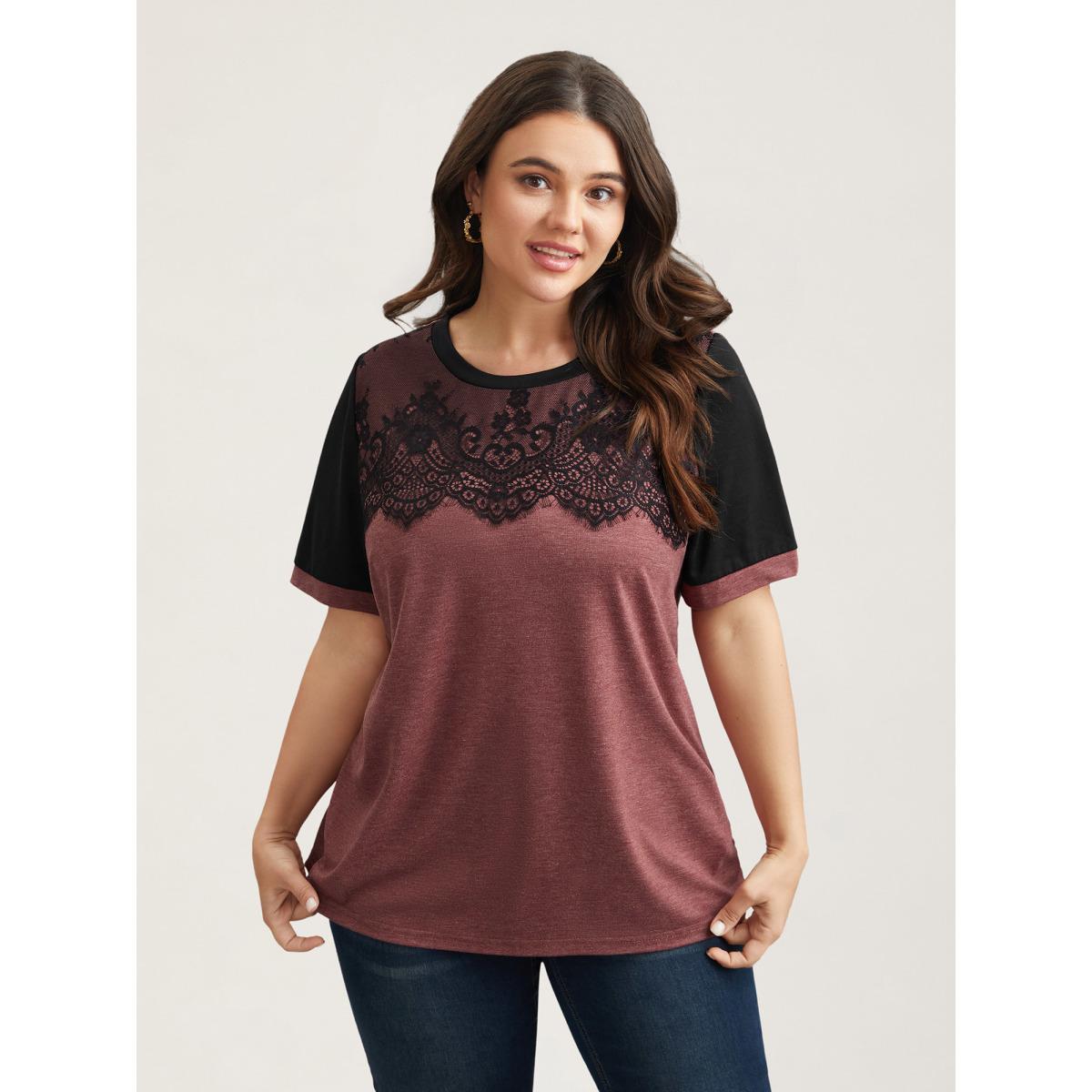 Plus Size Stretchy Scalloped Lace Color Contrast T-Shirt Russet Women Timeless Contrast Round Neck Elegant T-shirts BloomChic 10/M Product Image