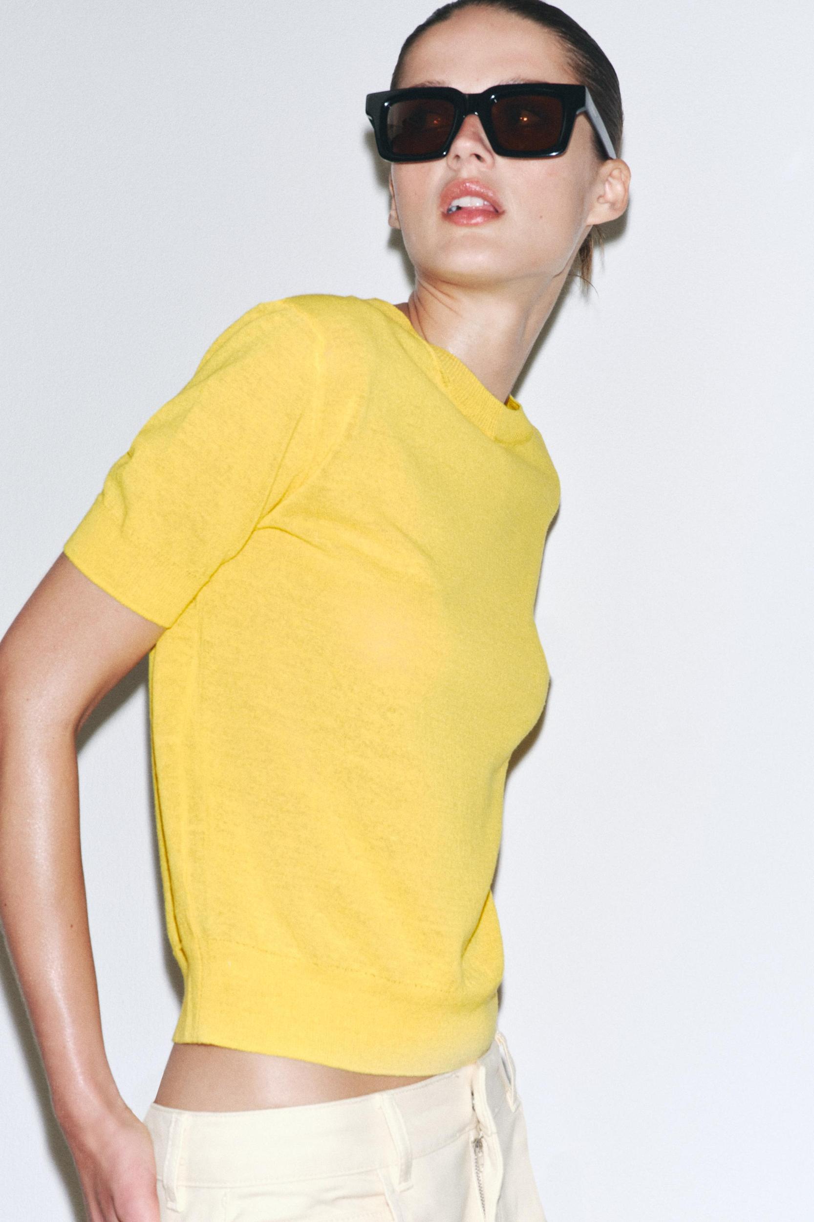 SHORT SLEEVE KNIT TOP WITH LINEN Product Image