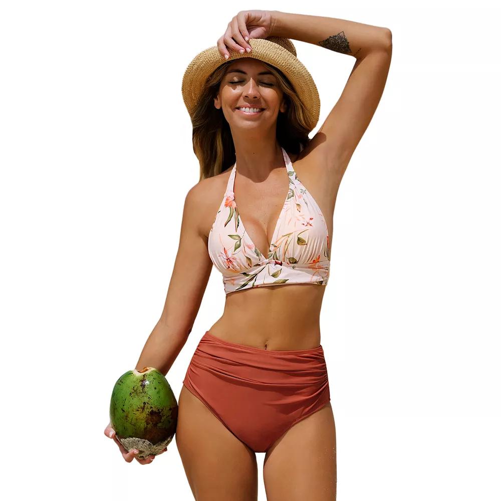 Women's Cupshe Halter Tall Tri & High Waist Bikini Set, Size: XS, Pink Product Image