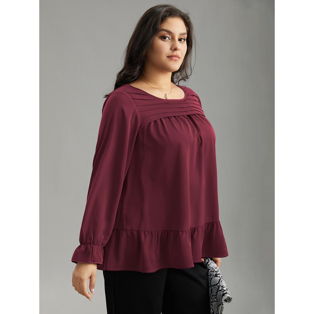 Plus Size Scarlet Static-Free Plain Pleated Ruffles Lantern Sleeve Blouse Women Office Long Sleeve Round Neck Work Blouses BloomChic 22-24/3X Product Image