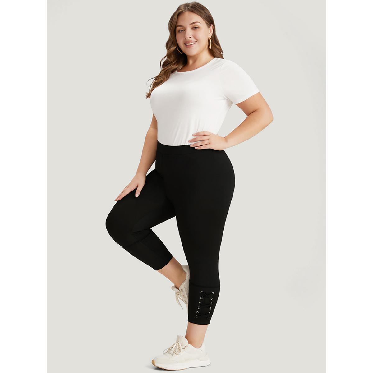 Plus Size Plain Crisscross Hem Elastic Waist Skinny Leggings Women Black Casual No stretch Skinny High Rise Dailywear Leggings BloomChic 30/6X Product Image