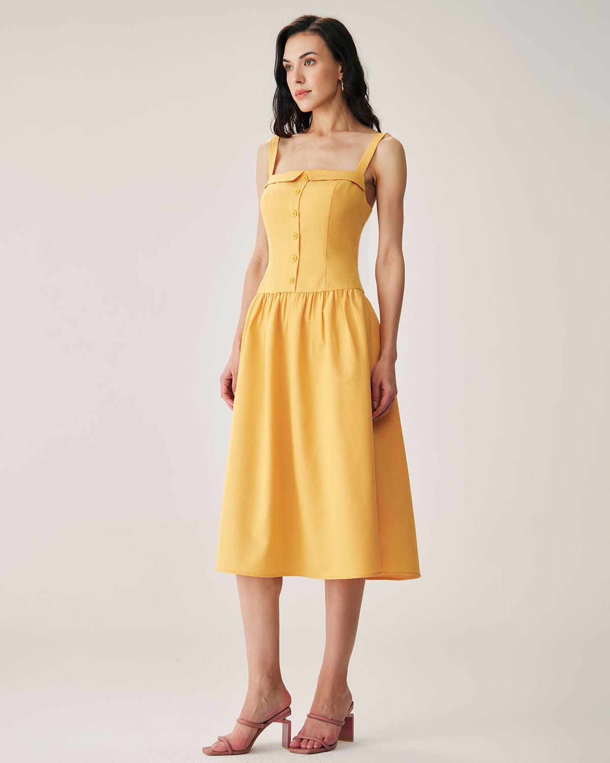 Yellow Button Pleated Slip Midi Dress Product Image