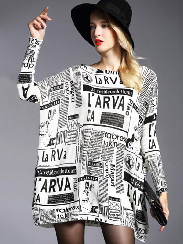 Vintage Loose One-Shoulder Newspaper Printed Split-Joint Sweater Product Image