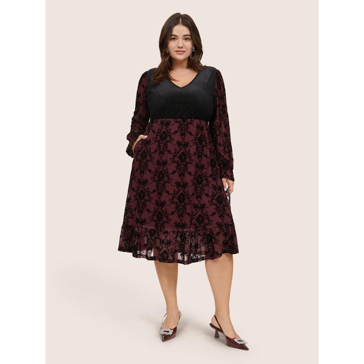 Plus Size Velvet Patchwork Geometric Pleated Dress Scarlet Women Elegant Texture V-neck Long Sleeve Curvy Midi Dress BloomChic 14-16/1X Product Image