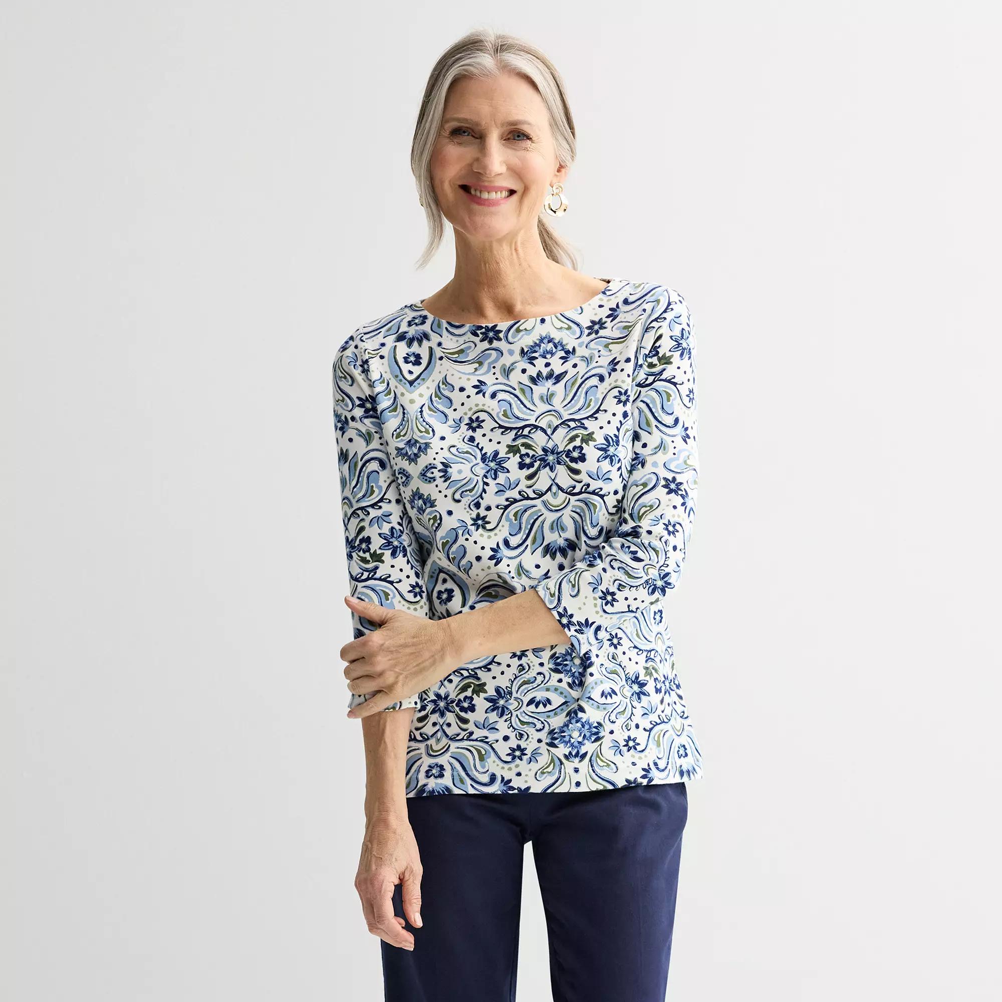 Petite Croft & Barrow® Boatneck Top, Women's, Size: XL Petite, Blue Ornate Floral Product Image