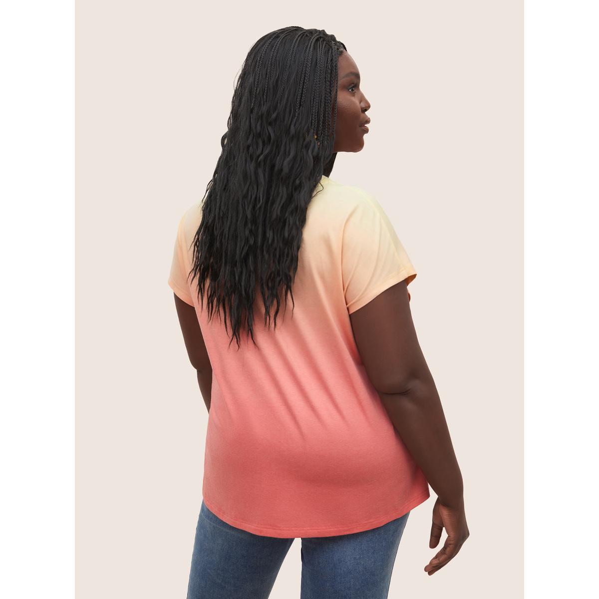 Plus Size Ombre Contrast Batwing Sleeve T-shirt OrangeRed Women Resort Contrast Ombre Notched collar Vacation T-shirts BloomChic 14-16/1X Product Image