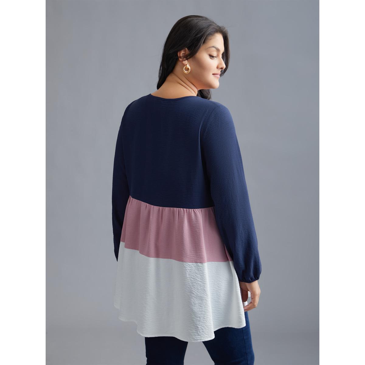 Plus Size Indigo Color Contrast High Low Hem Patchwork Blouse Women Elegant Extra Long Sleeve Round Neck Everyday Blouses BloomChic 12/L Product Image