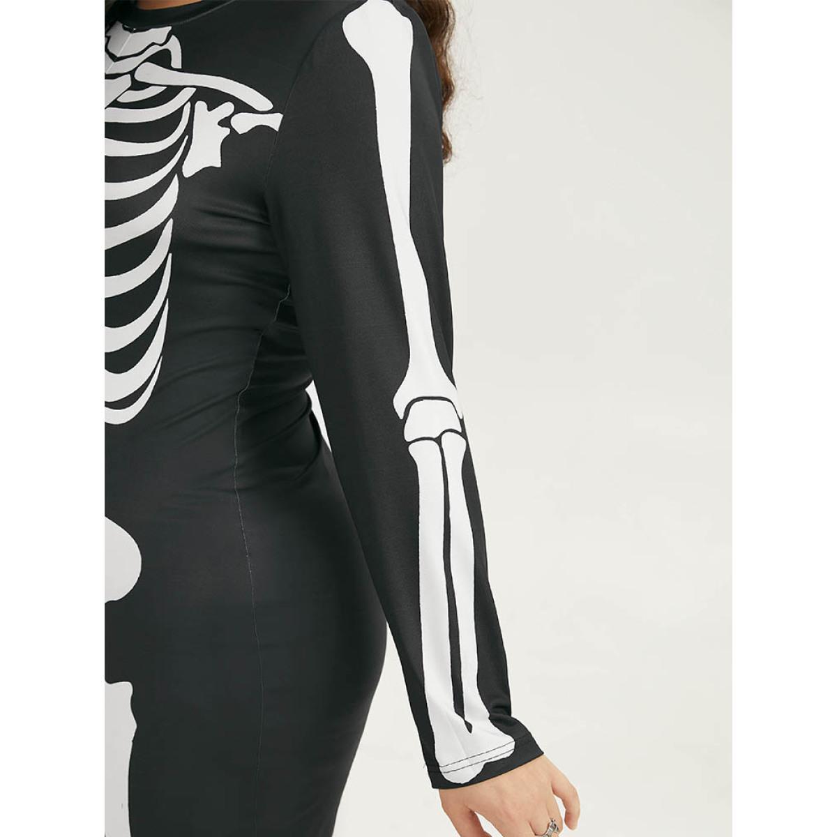 Plus Size Black Halloween Skull Print Skinny Crew Neck Jumpsuit Women Casual Long Sleeve Round Neck Festival-Halloween Loose Jumpsuits BloomChic 26/4X Product Image