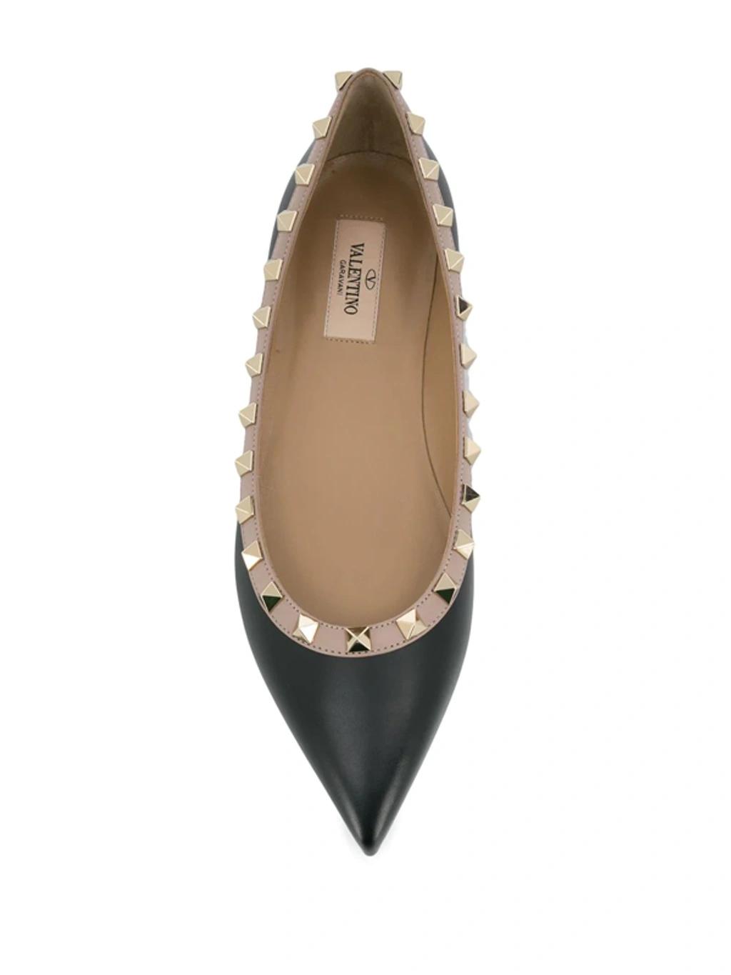 VALENTINO GARAVANI Pointed Toe Studded Trim Flat Sole Ballerina In Black Product Image