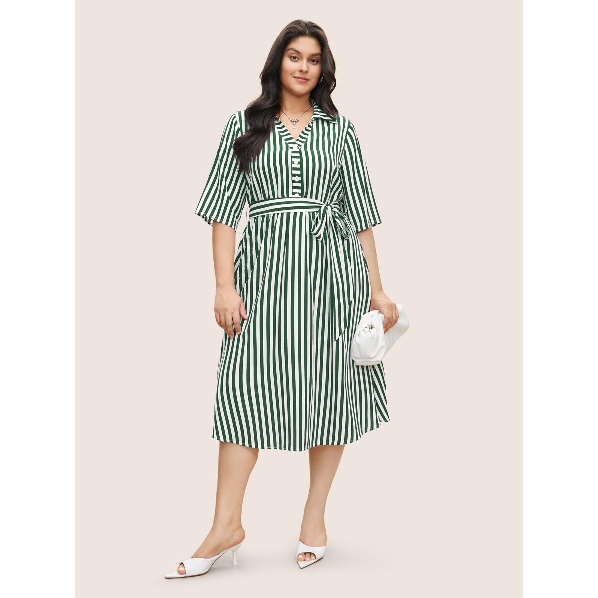 Plus Size Striped Belted Shirt Collar Button Up Dress DarkGreen Women At the Office Non Shirt collar Short sleeve Curvy Midi Dress BloomChic 30/6X Product Image