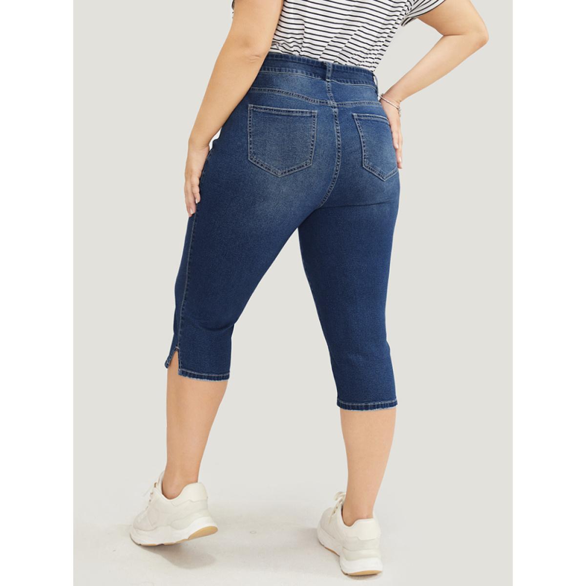 Plus Size Very Stretchy Medium Wash Split Hem Knee Denim Shorts Women DarkBlue High stretch Dailywear Pocket Casual Denim Shorts BloomChic 28/5X Product Image