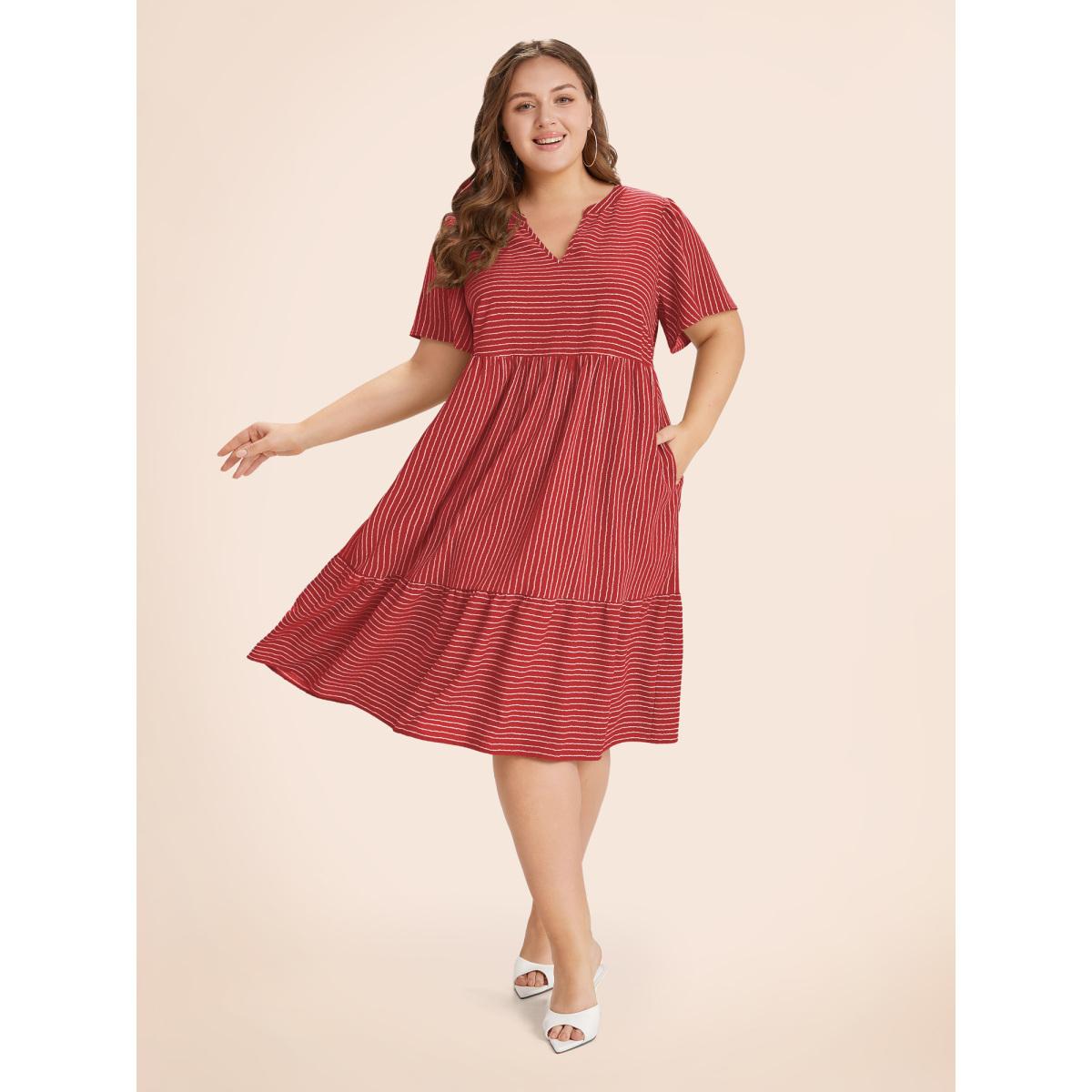 Plus Size Striped Patchwork Notched Flutter Layered Babydoll Dress Crimson Women Office Gathered Notched collar Short sleeve Curvy Midi Dress BloomChic 28/5X Product Image