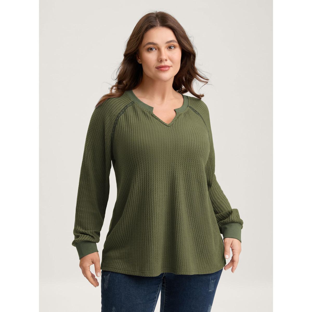 Plus Size Waffle Grid Notched Collar Lace Sweatshirt Women ArmyGreen Leisure Woven ribbon&lace trim Flat collar with V-notch Casual Sweatshirts BloomChic 14-16/1X Product Image