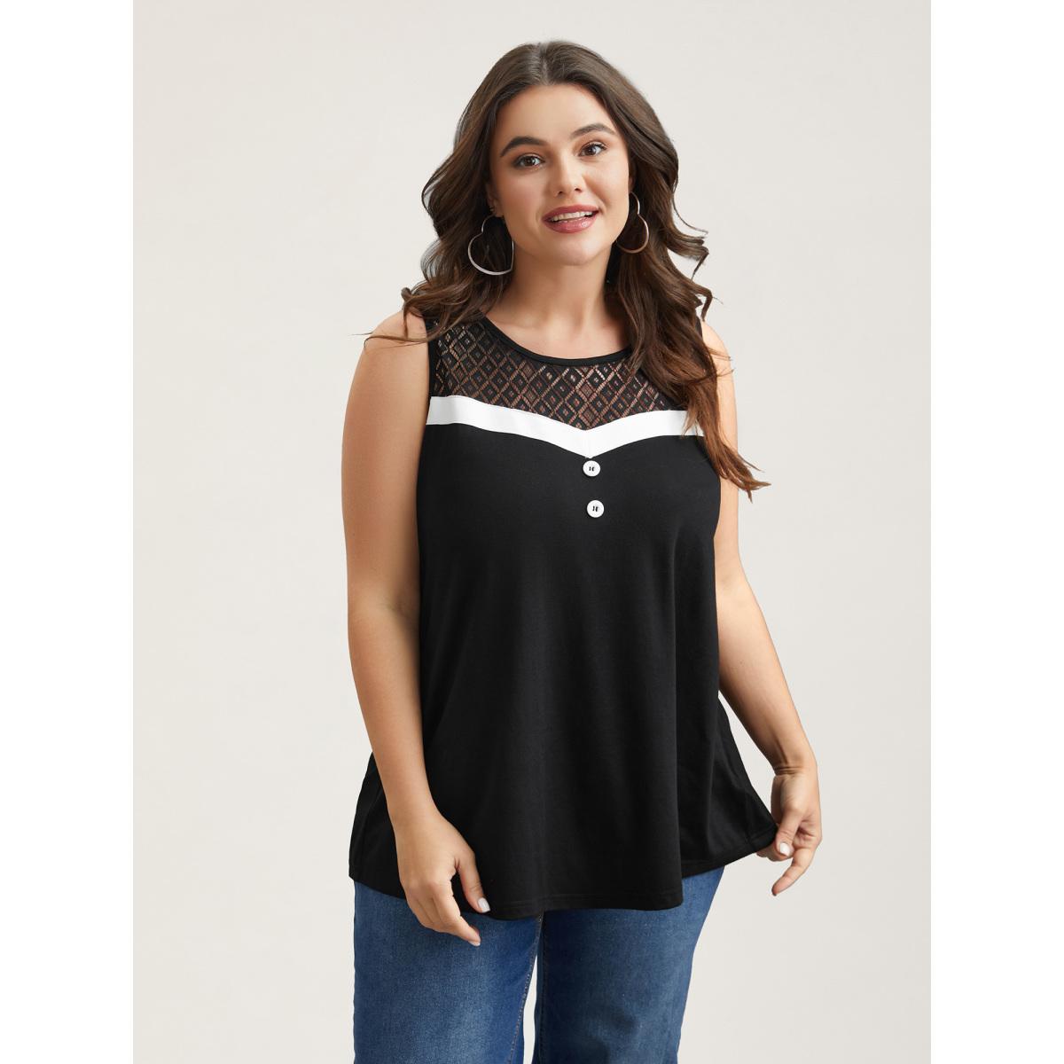 Plus Size Sheer Lace Color Contrast Button Vest Women Black Casual See through Round Neck Everyday Tank Tops Camis BloomChic 28/5X Product Image