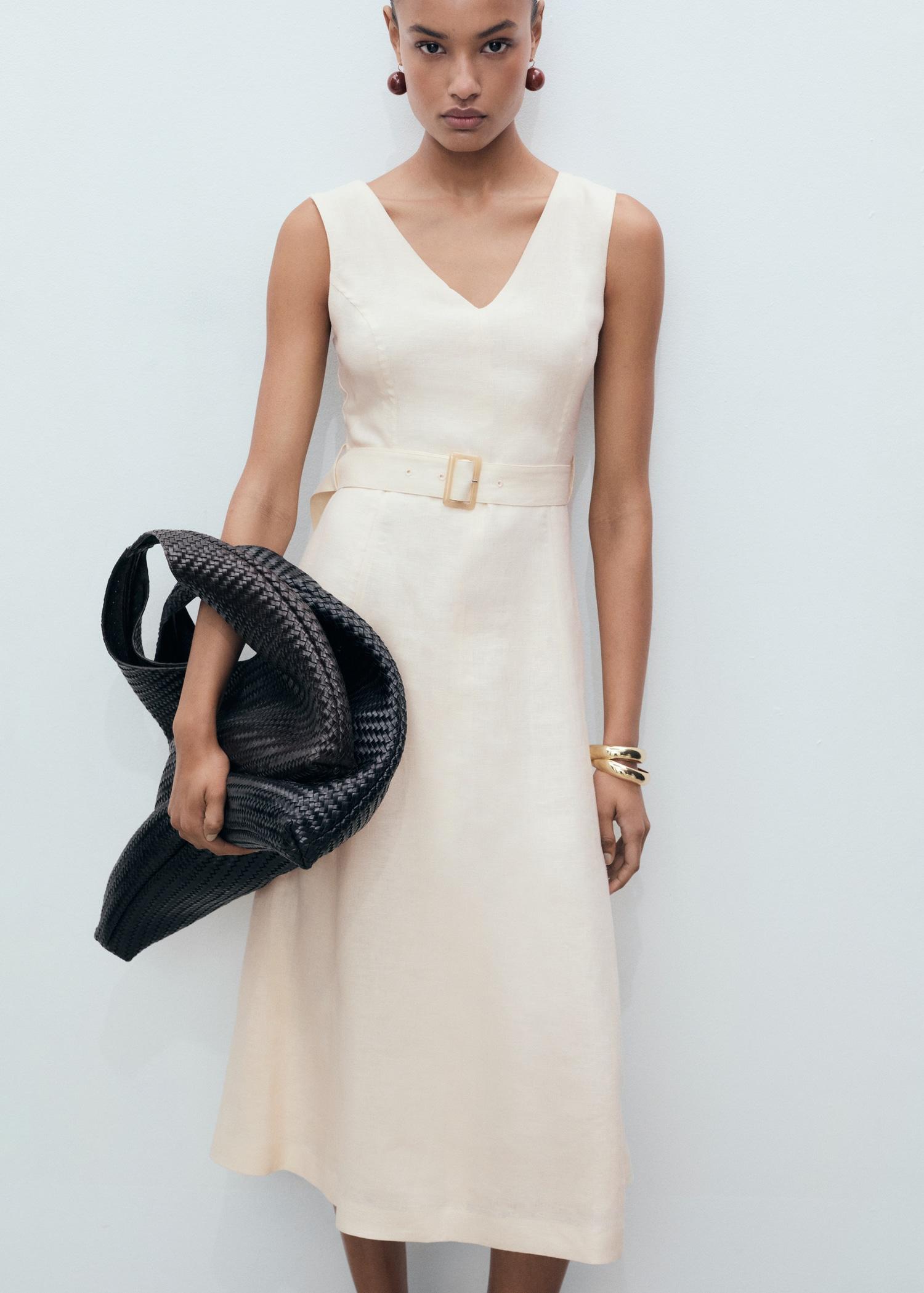 Belt linen dress - Women | MANGO USA Product Image