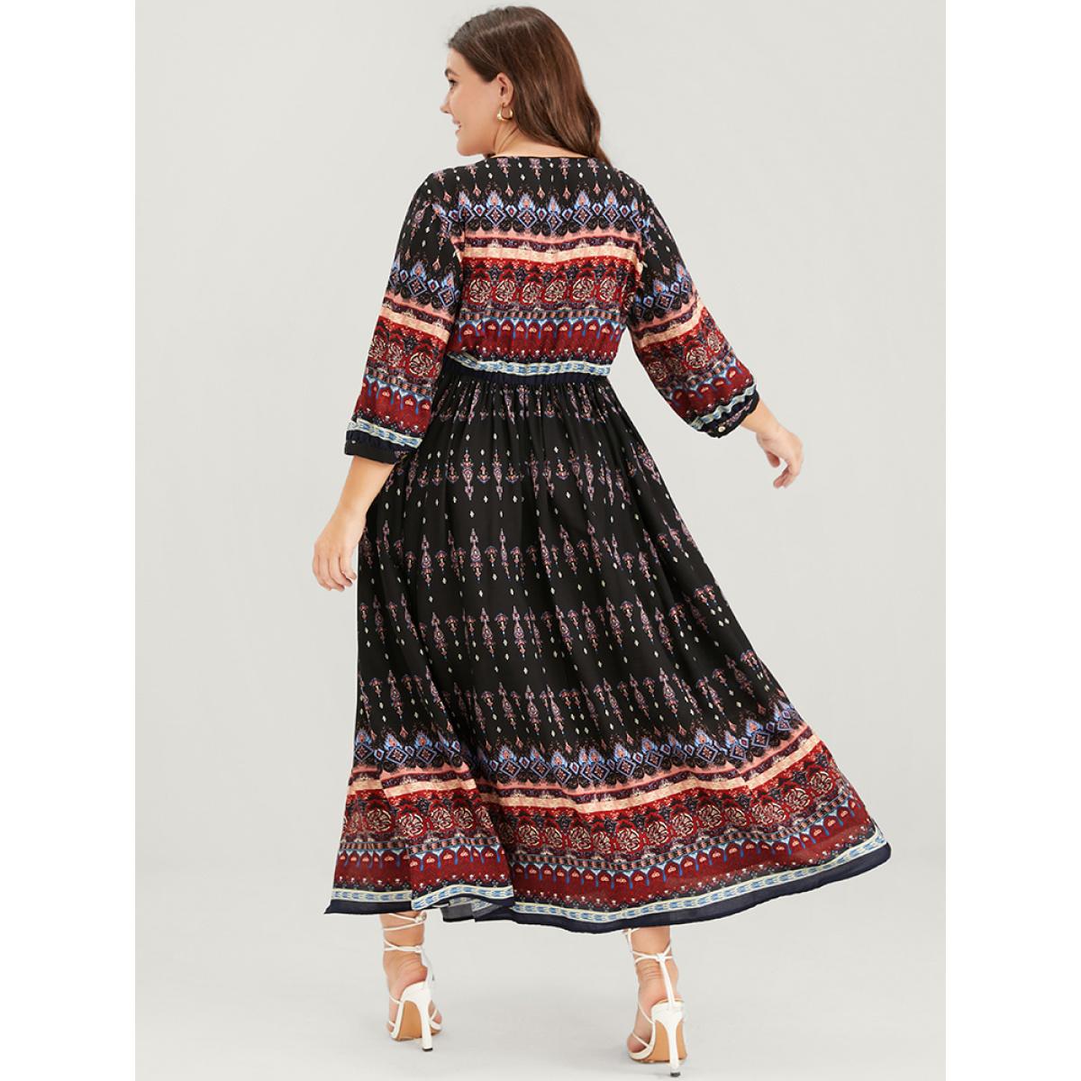 Plus Size Bandana Button Pocket Flutter Split Hem Midi Dress Black Women Elegant Elastic Waist V-neck Elbow-length sleeve Curvy Long Dress BloomChic 28/5X Product Image