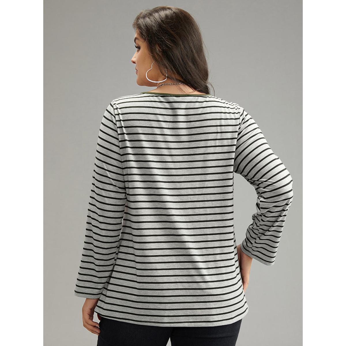 Plus Size Striped Contrast Button Up Tab Sleeve T-shirt Gray Women Casual Contrast Striped Open Front Everyday T-shirts BloomChic 14-16/1X Product Image