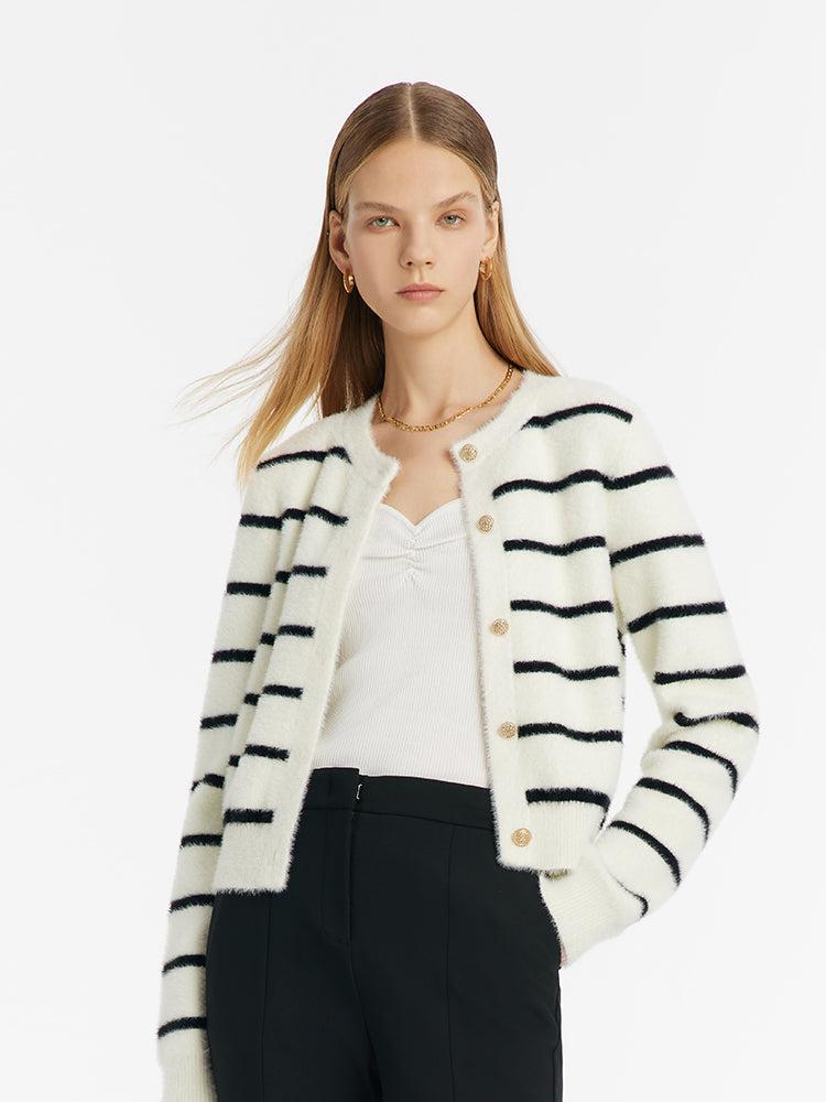 Eco-Friendly Mink Knitted Striped Women Cardigan Product Image