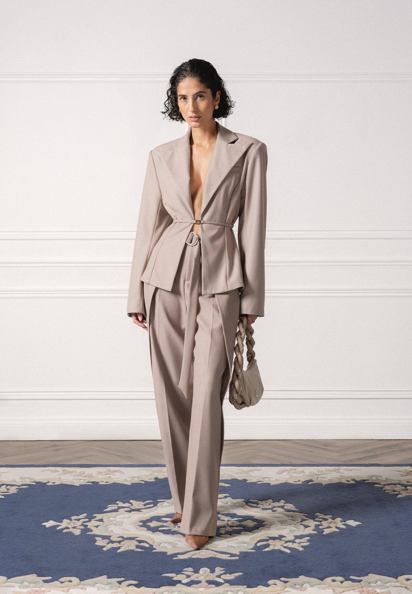 Foldover Tailored Trousers with D-Ring Belt - Taupe Female Product Image