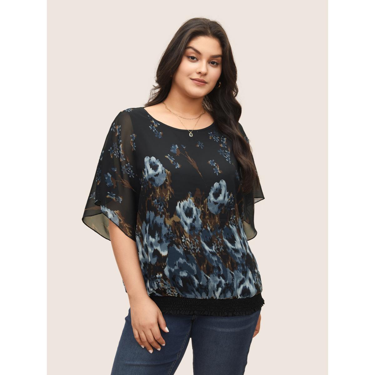 Plus Size Black Pixel Flower Shirred Batwing Sleeve Blouse Women Romantic Half Sleeve U-neck Elegant Blouses BloomChic 12/L Product Image