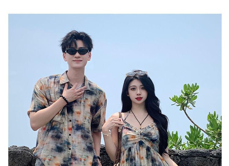 Couple Matching Short-Sleeve Collared Tie-Dye Button Up Shirt / Spaghetti Strap V-Neck Tie-Dye Maxi A-Line Dress / Plain Shorts Product Image