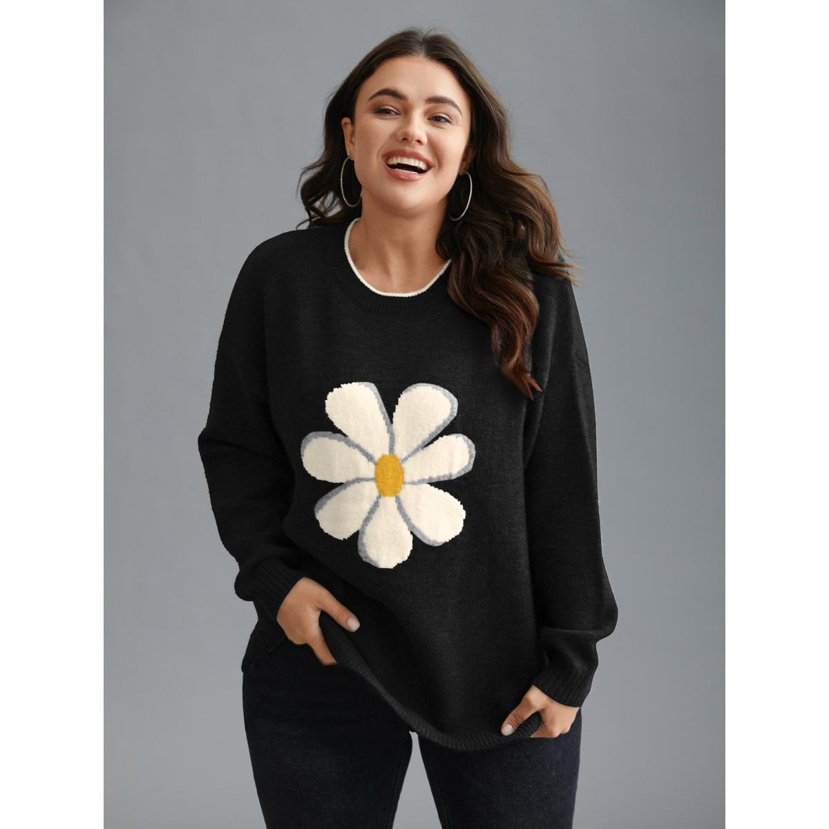 Plus Size Floral Textured Crew Neck Pullover Black Women Casual Loose Long Sleeve Round Neck Everyday Pullovers BloomChic 30/6X Product Image
