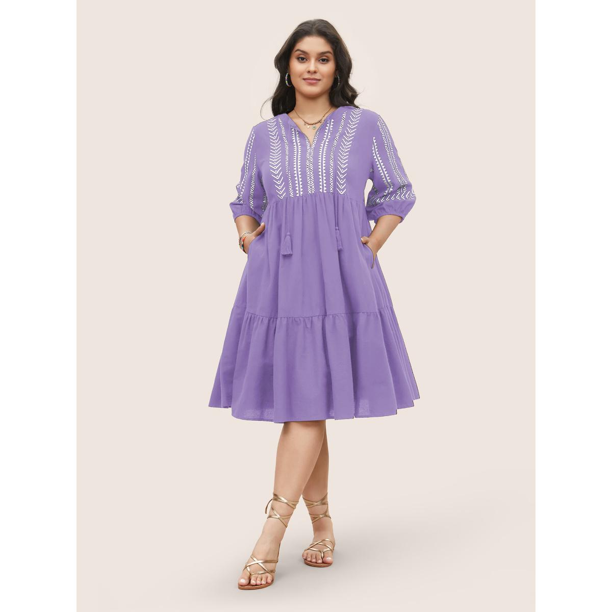 Plus Size Cotton Geometric Bandana Print Tassel Trim Dress Lilac Women Resort Non V-neck Short sleeve Curvy Knee Dress BloomChic 18-20/2X Product Image