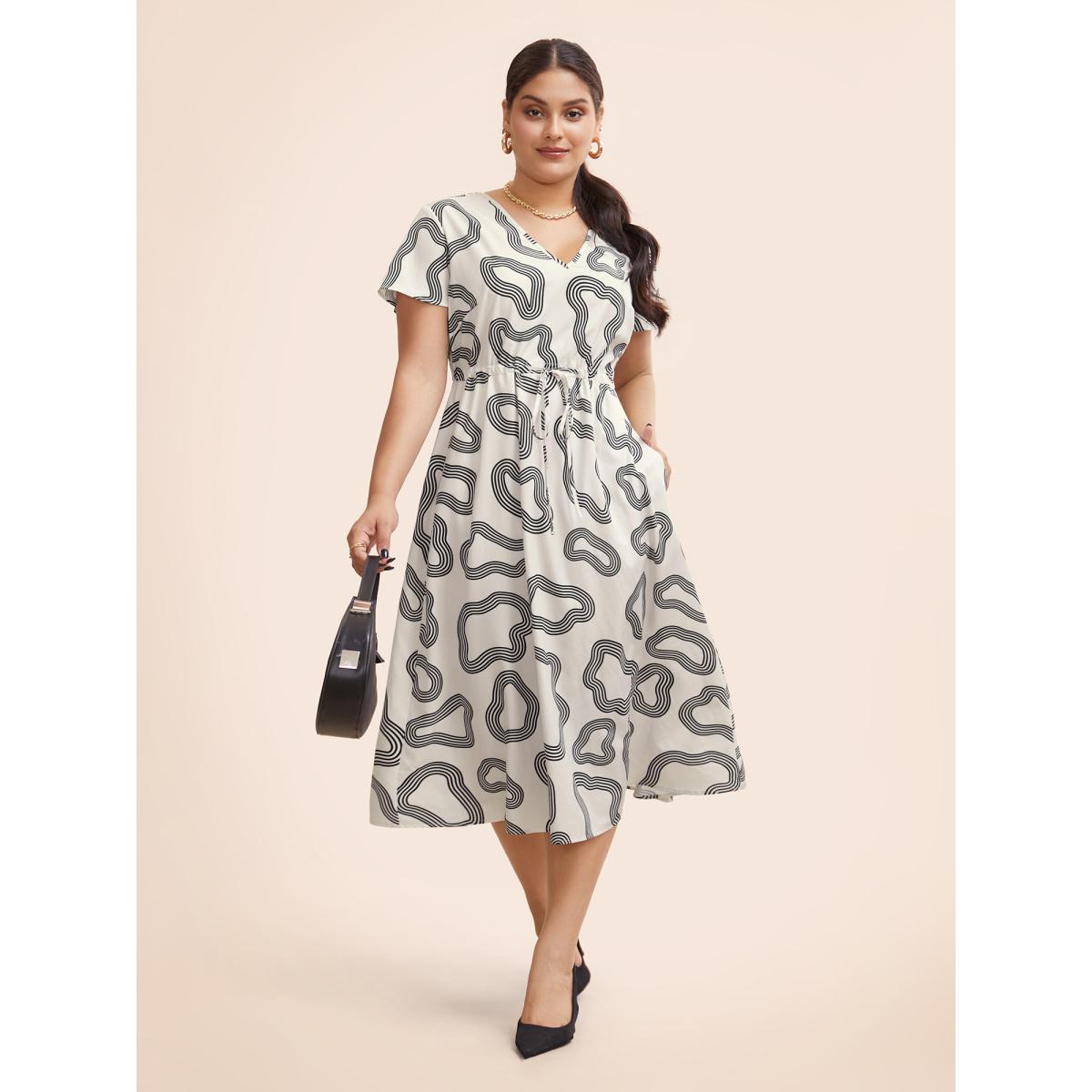 Plus Size V Neck Geometric Drawstring Midi Dress Beige Women Workwear Essentials Drawstring V-neck Short sleeve Curvy BloomChic 22-24/3X Product Image