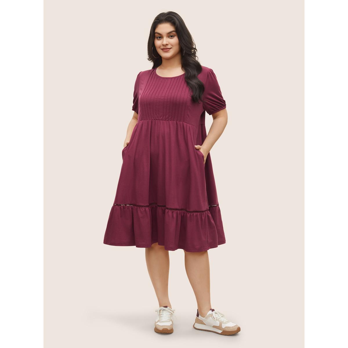 Plus Size Supersoft Essentials Plain Pleated Patchwork Ruffle Hem Dress RedViolet Women Casual Non Round Neck Short sleeve Curvy Midi Dress BloomChic 14-16/1X Product Image