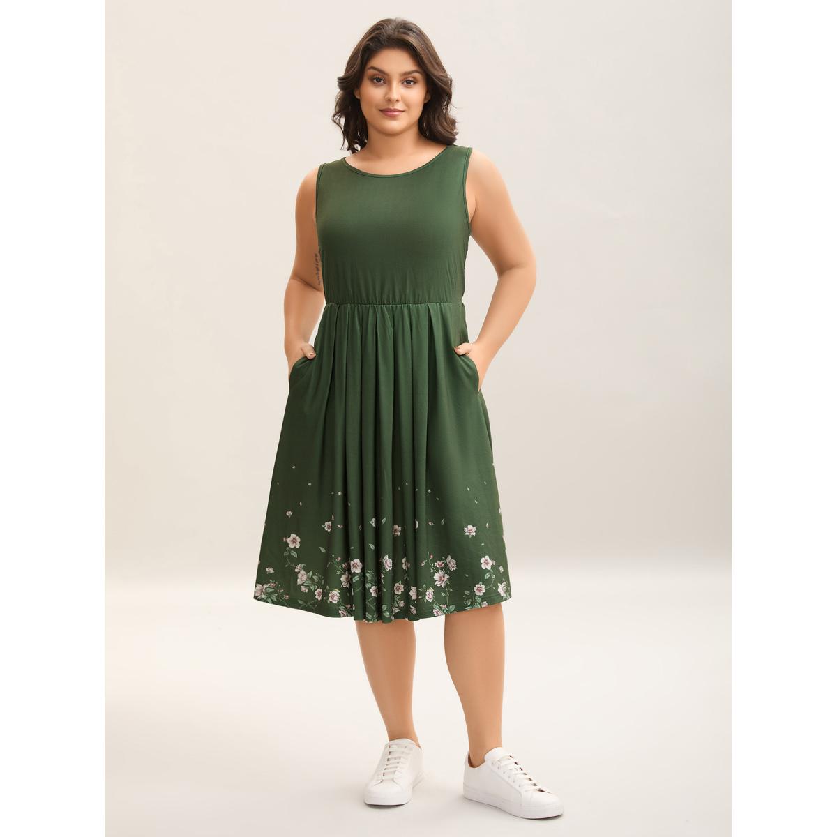 Plus Size Floral Hem Print Cinched-Waist Midi Dress Moss Women Round Neck Sleeveless Curvy BloomChic 10/M Product Image