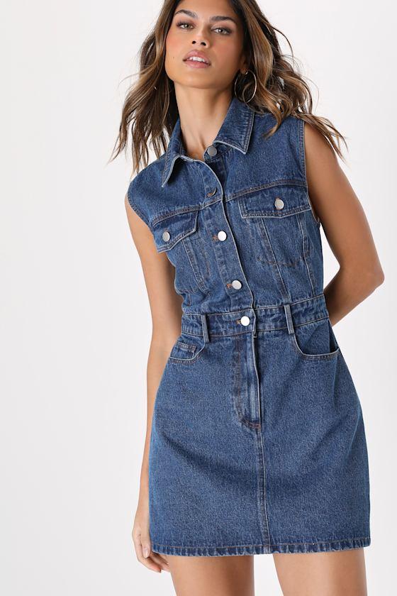 Ready to Charm Medium Wash Denim Mini Dress Product Image