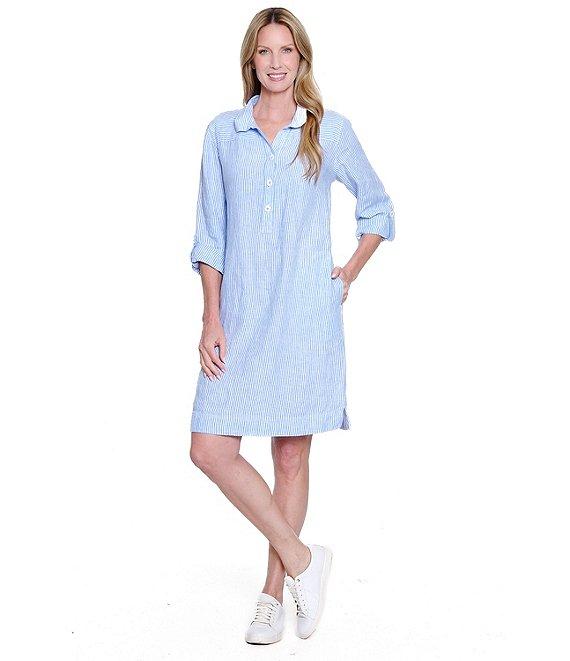 John Mark Petite Size Yarn-Dye Stripe Linen Wire Collar 3/4 Roll-Tab Sleeve Shirt Dress Product Image
