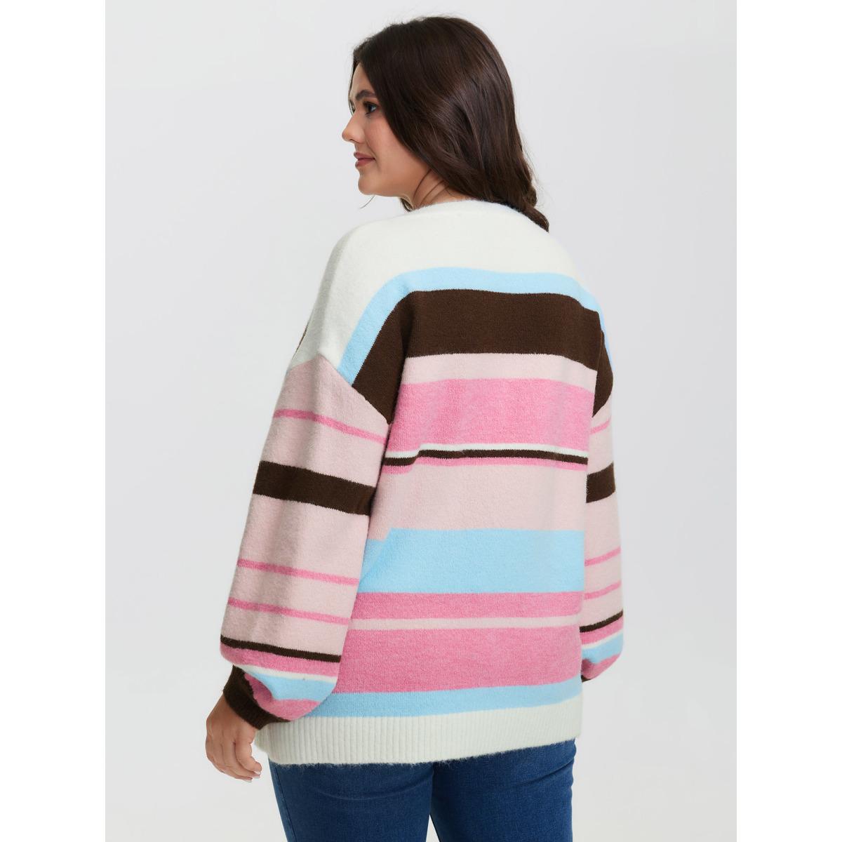 Plus Size Colorful Stripes Drop Shoulder Lantern Sleeve Pullover Blush Women Loose Long Sleeve Round Neck Casual Pullovers BloomChic 18-20/2X Product Image