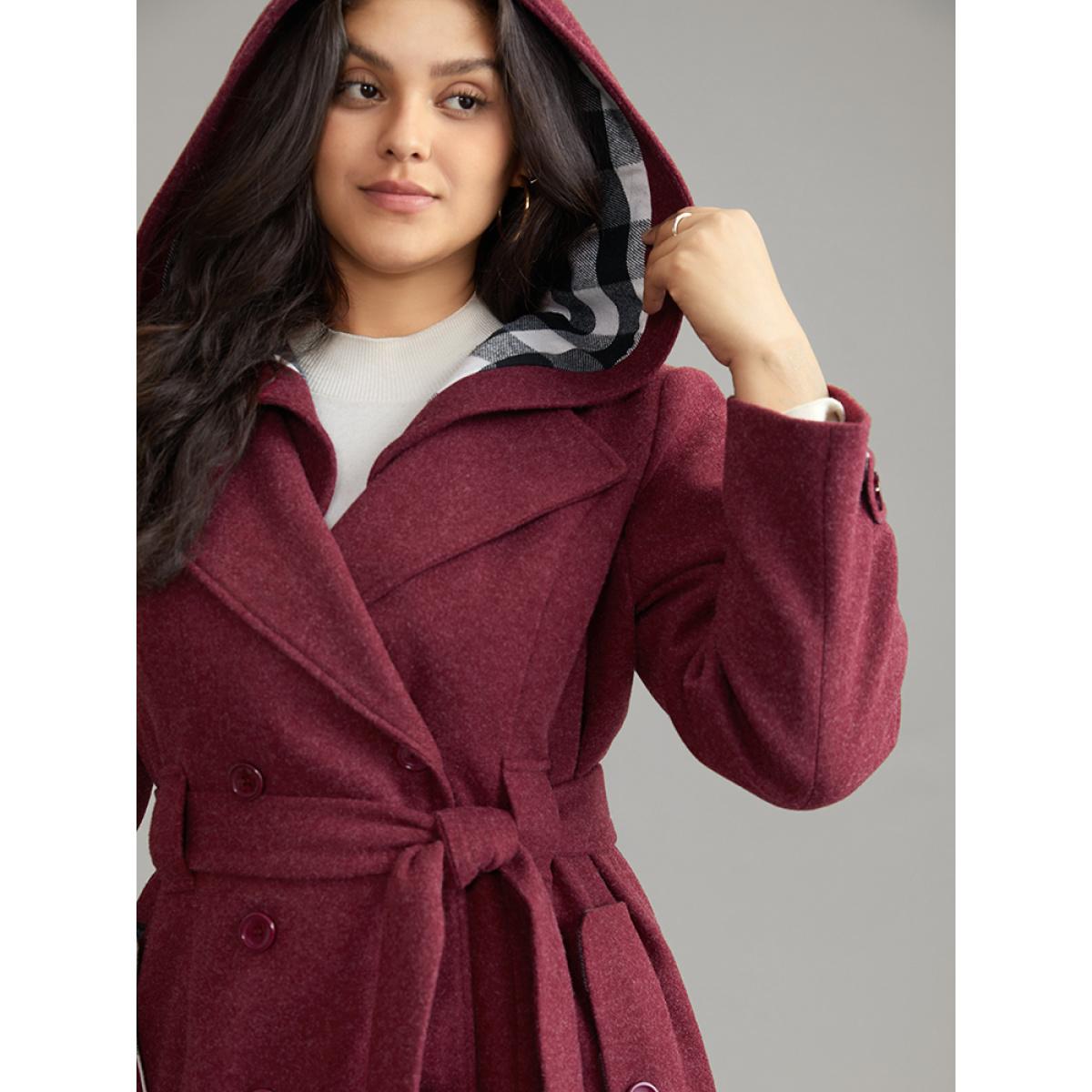Plus Size Plaid Patchwork Double Breasted Belted Hooded Coat Women Burgundy Casual Lined Ladies Dailywear Winter Coats BloomChic 18-20/2X Product Image