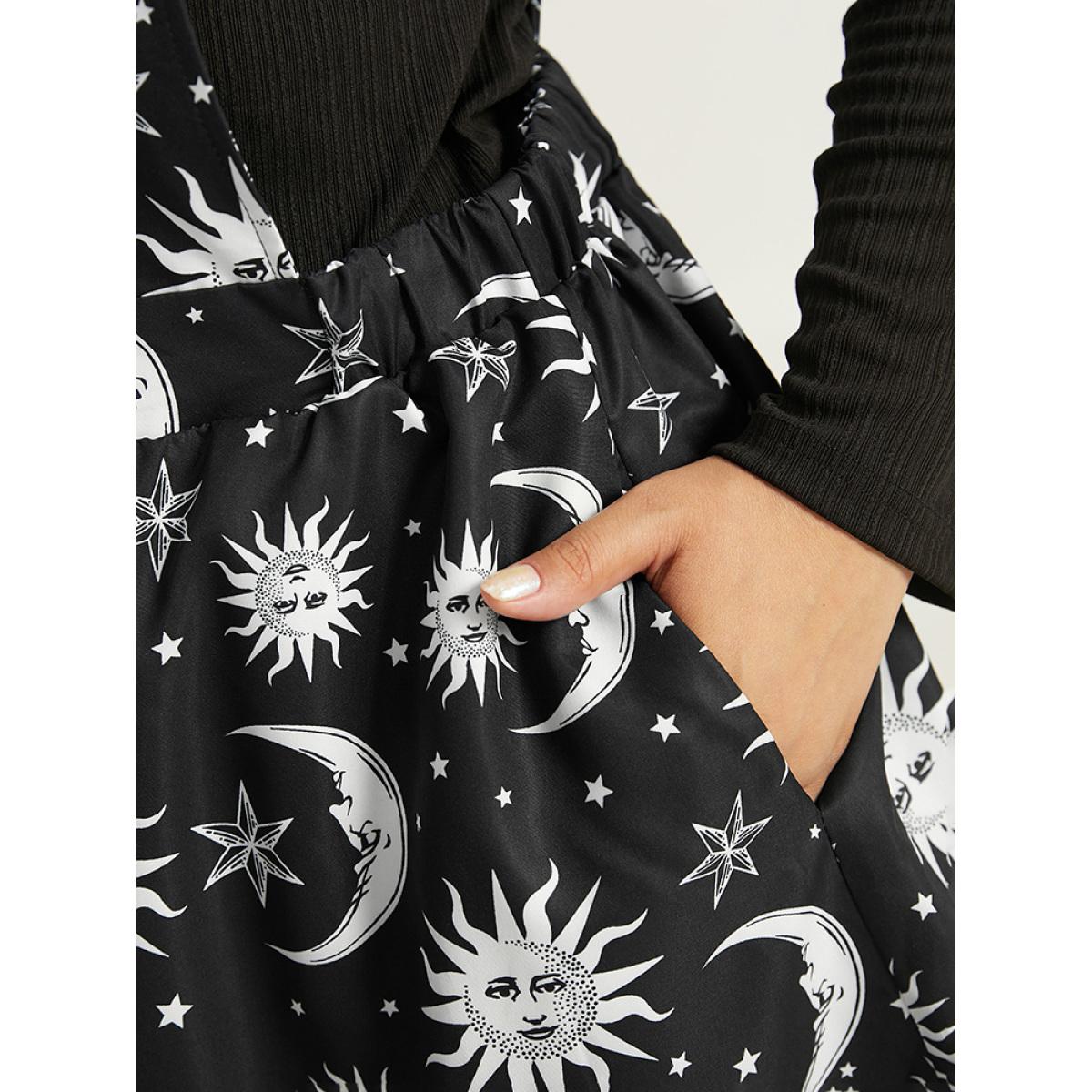 Plus Size Halloween Moon & Star Print Pocket Spaghetti Strap Dress Black Women Casual Adjustable Straps Spaghetti Strap Sleeveless Curvy Knee Dress BloomChic 30/6X Product Image