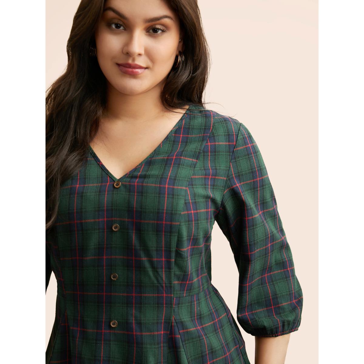 Plus Size DarkGreen Plaid Button Detail Lantern Sleeve Blouse Women Elegant Elbow-length sleeve V-neck Everyday Blouses BloomChic 28/5X Product Image