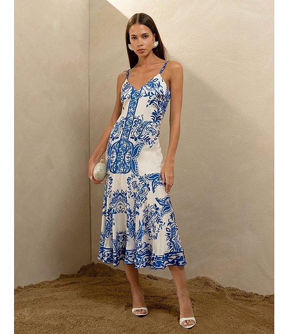 Adelyn Rae Rhegan Satin Floral Print V Neck Sleeveless Slip Midi Dress Product Image