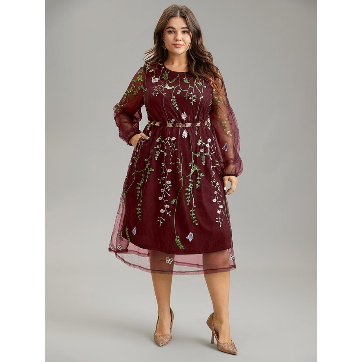 Plus Size Floral Embroidered Mesh Pocket Lantern Sleeve Dress Burgundy Women Cocktail Elastic cuffs Round Neck Long Sleeve Curvy Midi Dress BloomChic 28/5X Product Image