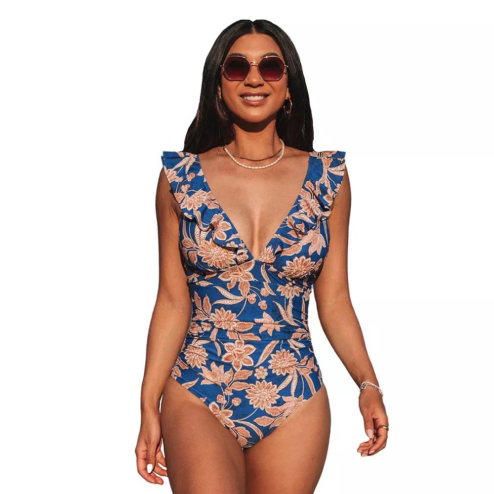Women's Cupshe Floral Tummy Control Ruffled One-Piece Swimsuit,  Product Image